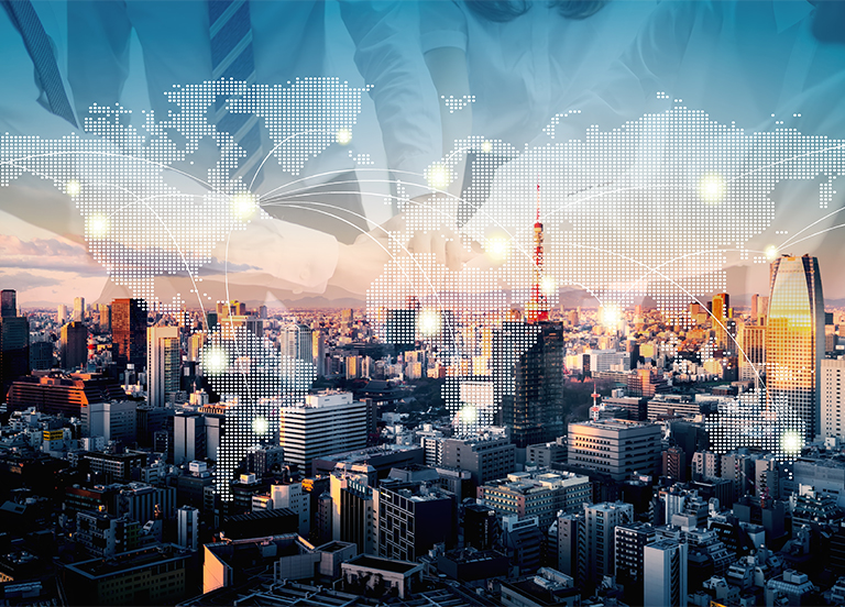 Tokyo with layer of world map